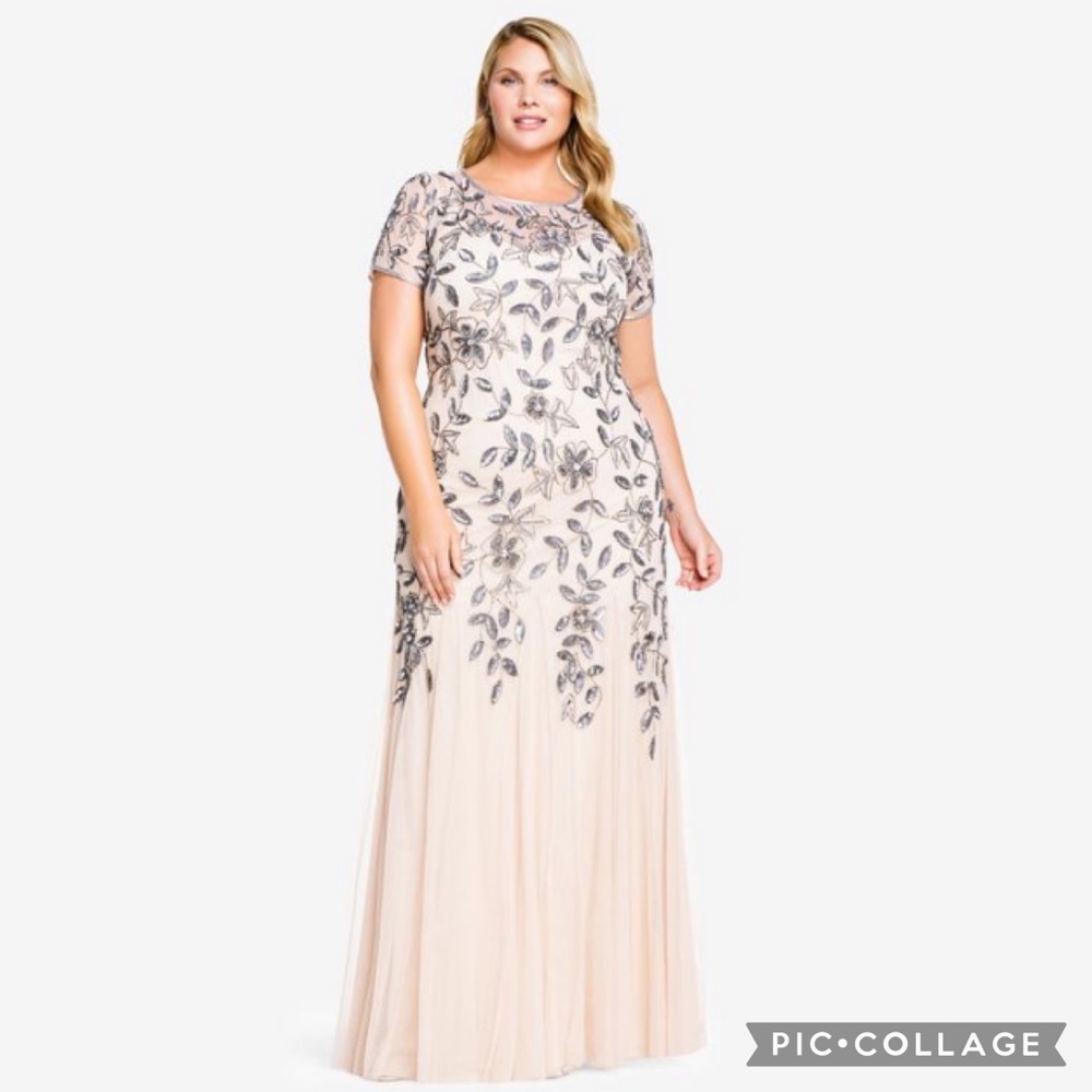 Adrianna Papell plus size beaded floral godet short sleeves long gown - Picture 14 of 16
